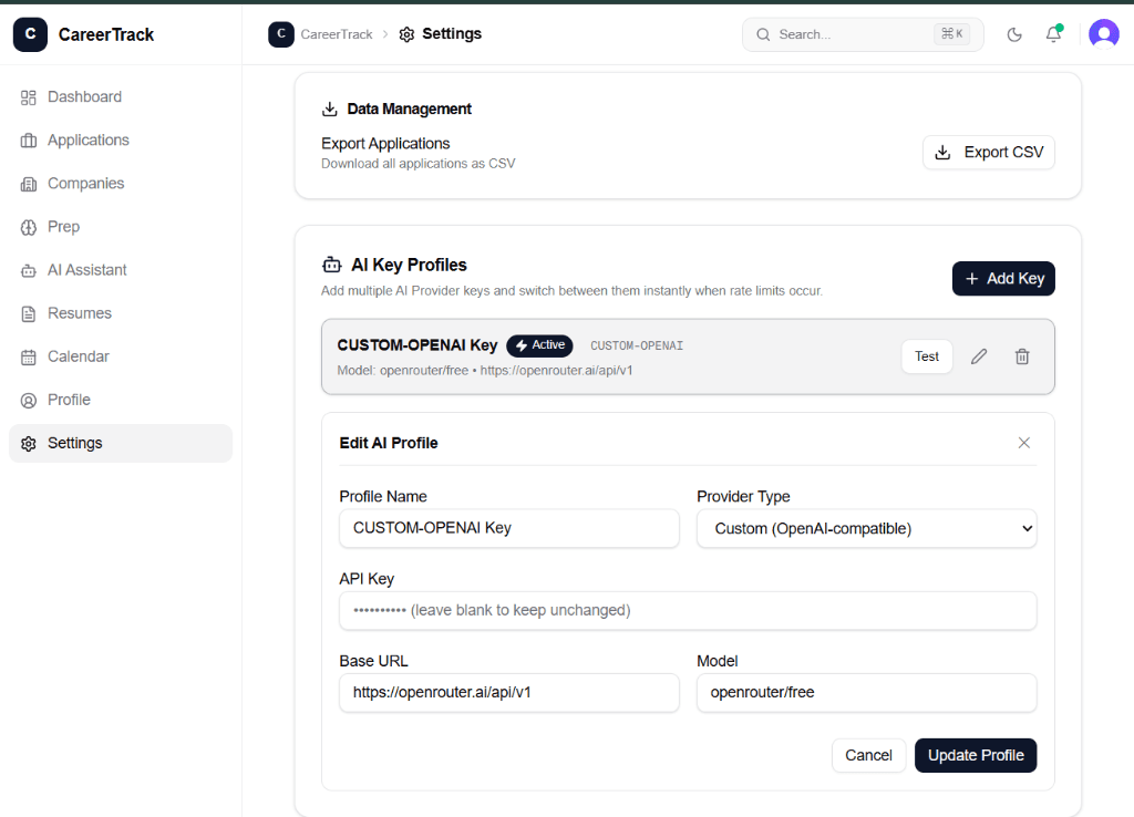 Settings, Data Management & Custom AI Key Profiles